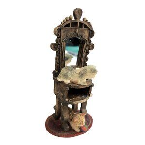 Miniature Cat Figurine On Ornate Vanity Chair With Mirror Doll House Funiture ma